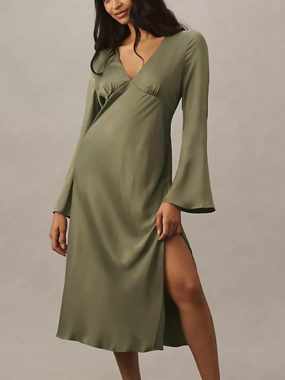 BLDN Avani Medium Olive Green Long Sleeve V-Neck Midi Dress Bridesmaid Wedding